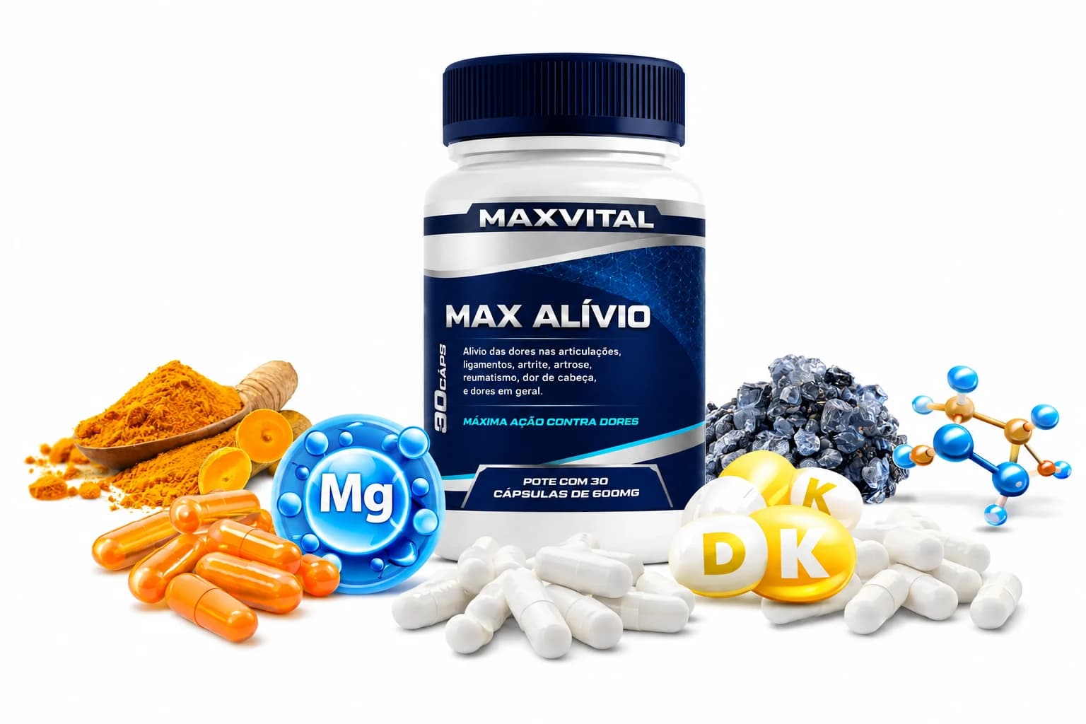 Max Alívio — cúrcuma, colágeno tipo II, MSM, magnésio e vitaminas D e K
